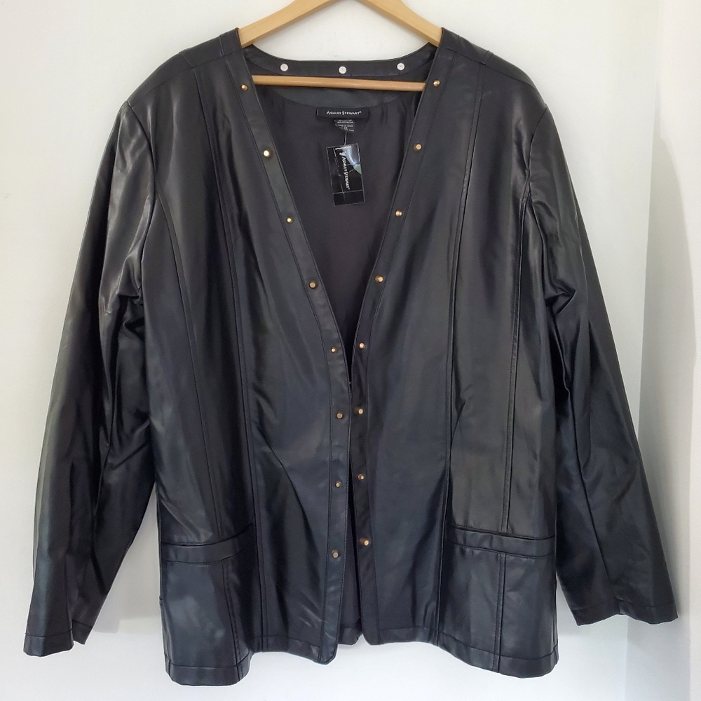 NWT Black Faux Leather Jacket Sz 18 Studs Single Close Biker Moto Ashley Stewart